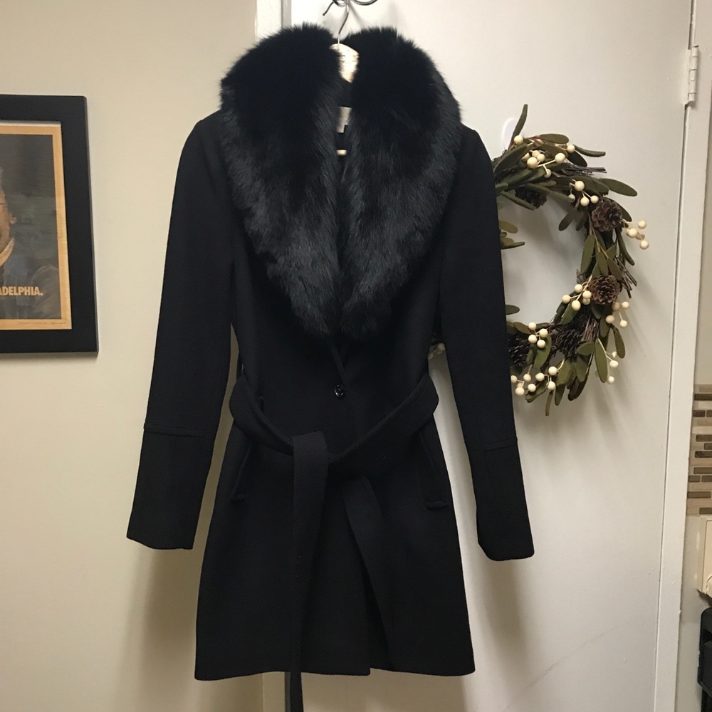 Michael Kors Black Pea Coat with Faux Fur Collar